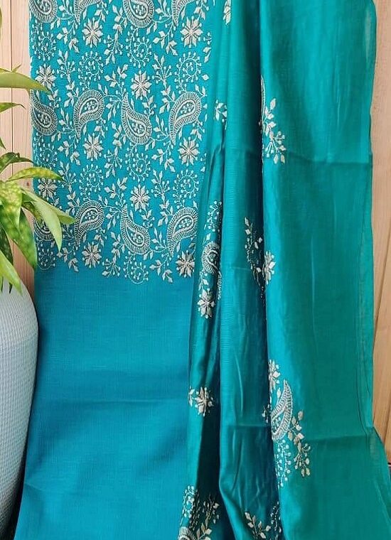 Charming Blue Embroidery Work Katan Silk Top Dupatta With Plain Bottom