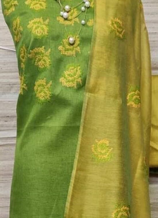 Cherishing Green Katan Silk Embroidery Dress Material With Plain Bottom