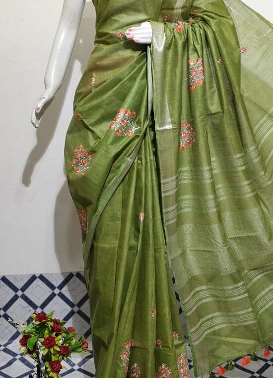 Compassionate Green Shade Floral Embroidery Linen Saree