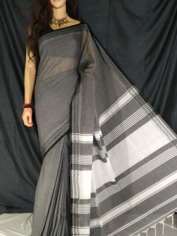 Dark Grey Pure Cotton Small Temple Border Handwoven Saree