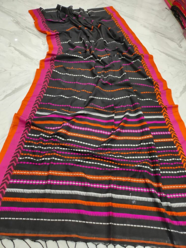 Dark Grey With Pink Orange Stripe Pattern Handwoven Cotton Saree