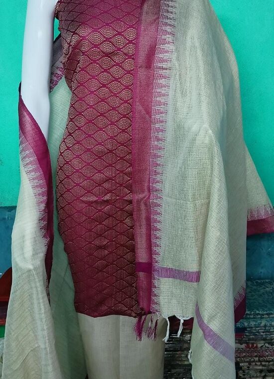 Dark Pink Katan Silk Woven Dress Material With Cotton Bottom Dupatta