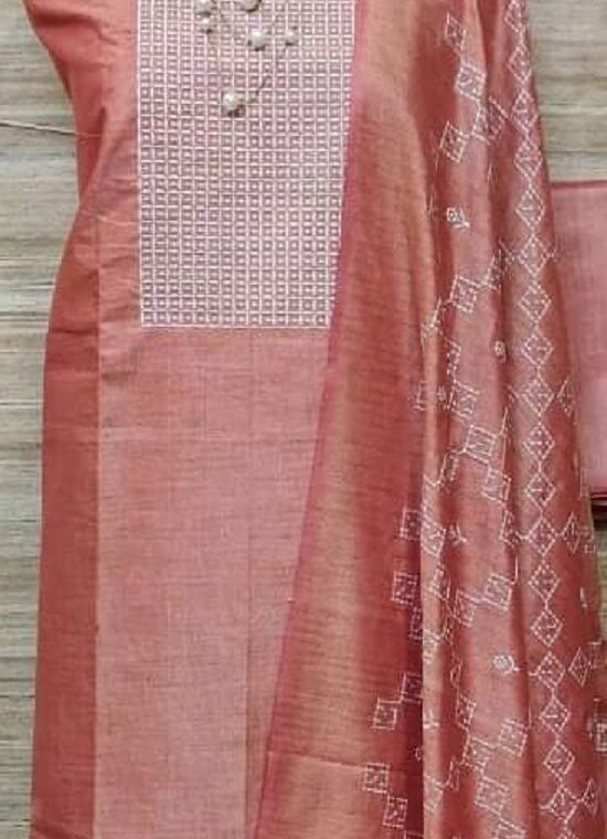 Dazzling Peach Cotton Silk Embroidery Dress Material With Plain Bottom