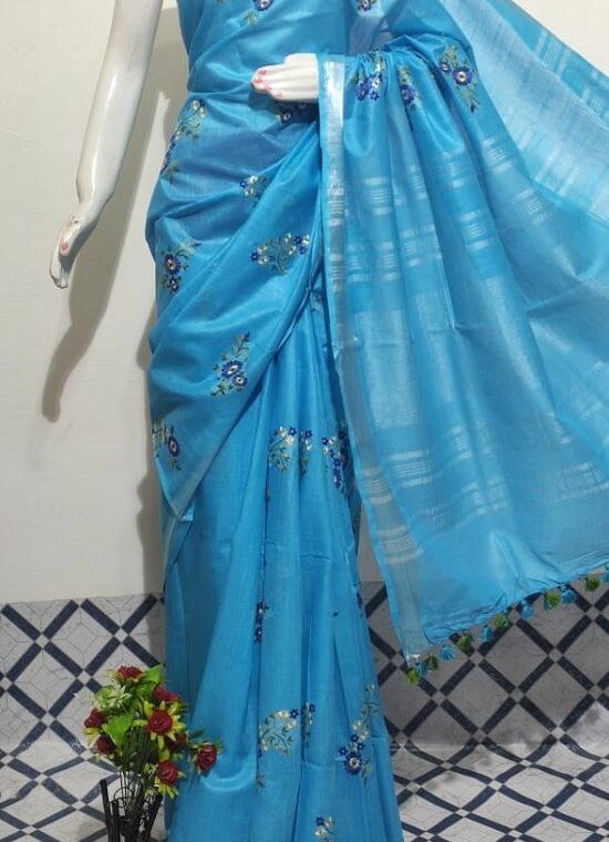 Divine Blue Floral Embroidery Linen Saree