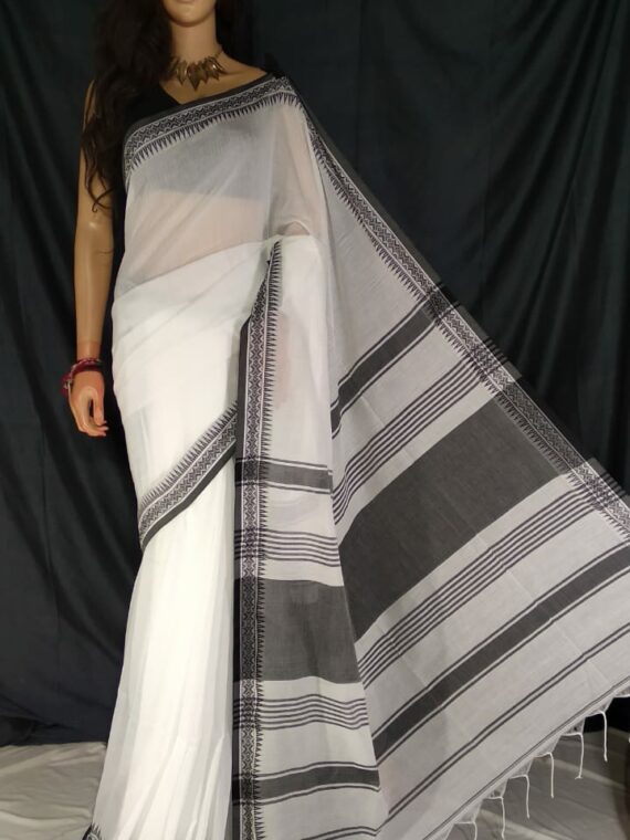 Divine White Pure Cotton Small Temple Border Handwoven Saree