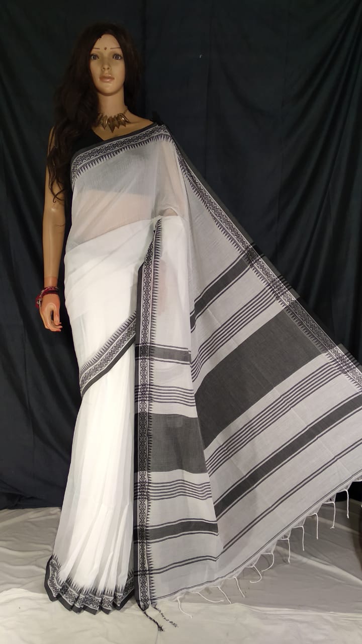 Divine White Pure Cotton Small Temple Border Handwoven Saree