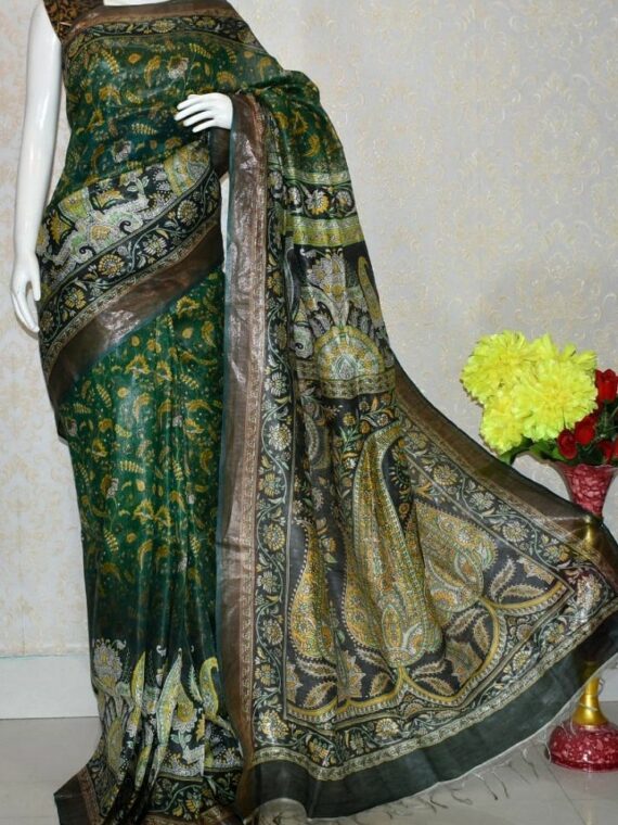 Elegant Dark Green Artistic Design Tussar Muga Digital Print Linen Saree