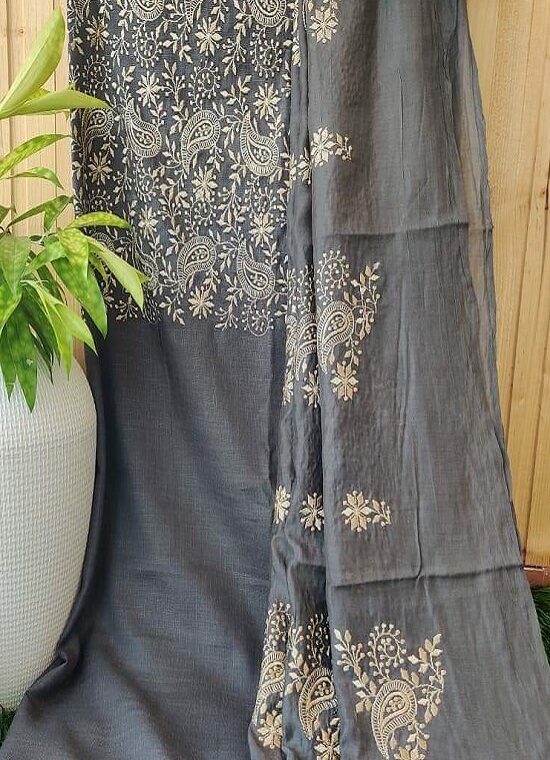 Elegant Grey Embroidery Work Katan Silk Top Dupatta With Plain Bottom