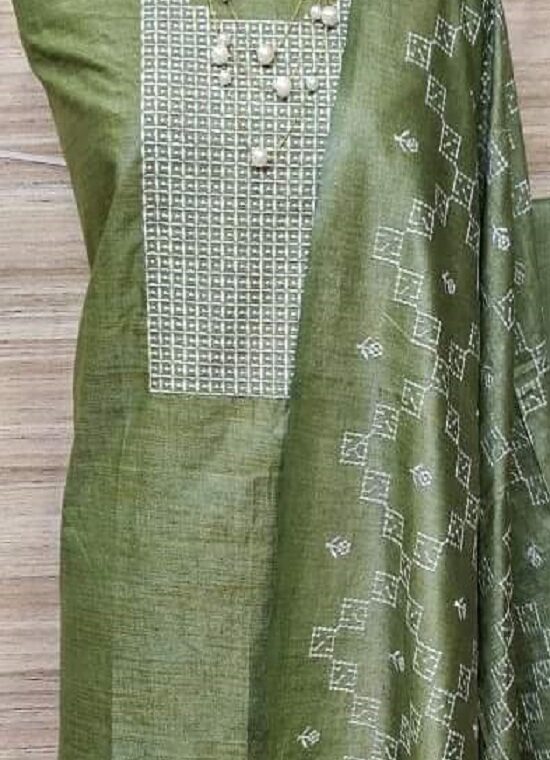 Elegant Mehendi Green Cotton Silk Embroidery Dress Material With Plain Bottom