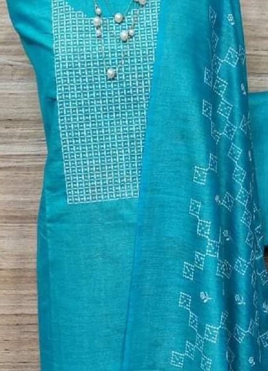 Enchanting Blue Cotton Silk Embroidery Dress Material With Plain Bottom