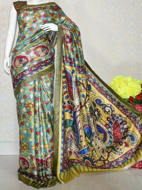 Enticing Blue Floral Kalamkari Design Tussar Muga Digital Print Linen Saree