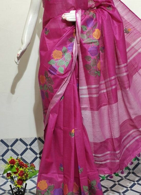 Generous Dark Pink Floral Embroidery Linen Saree