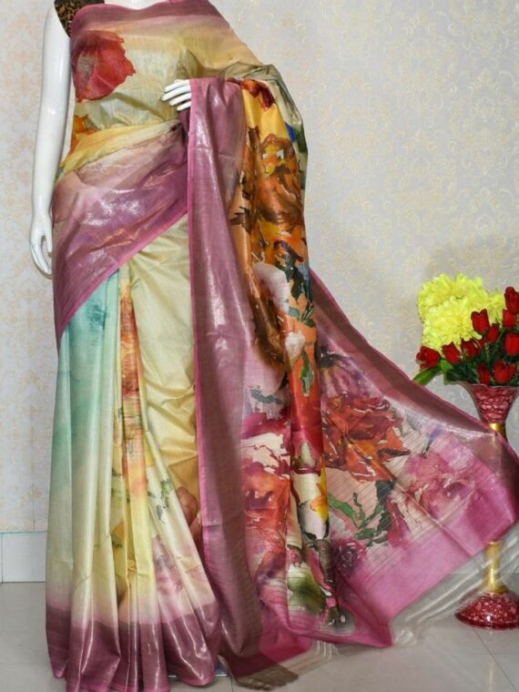 Gorgeous Pink Multi Shade Blend Floral Design Tussar Muga Digital Print Linen Saree