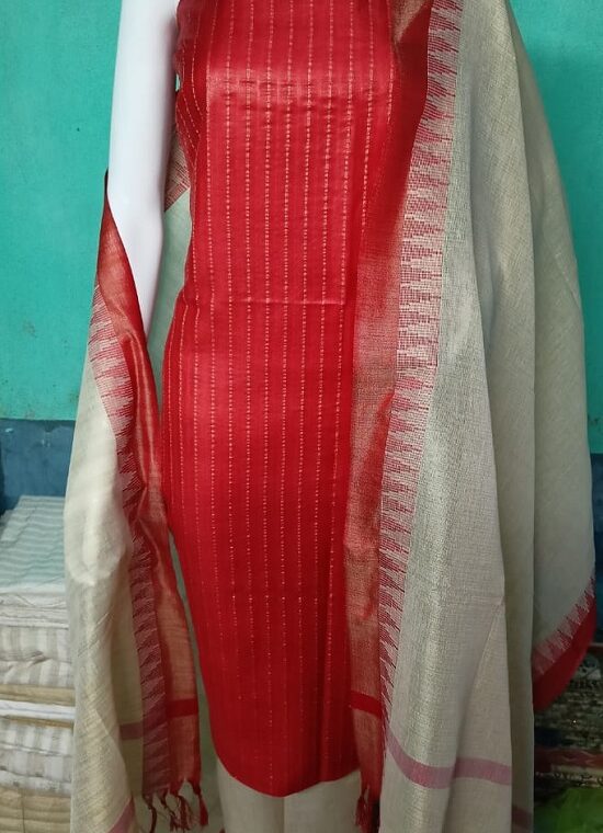 Gorgeous Red Katan Silk Woven Dress Material With Cotton Bottom Dupatta