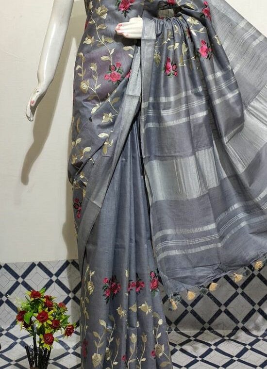 Gracious Grey Floral Embroidery Linen Saree