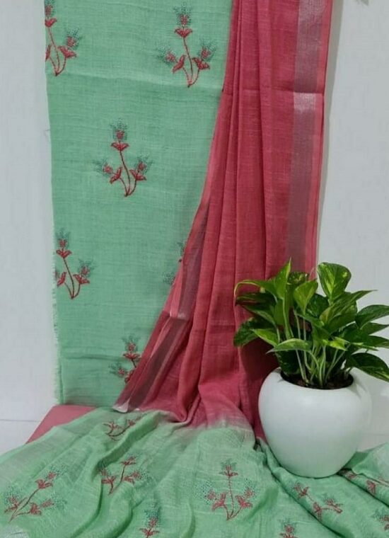 Green Pink Blend Cotton Embroidery Work Dress Material With Plain Bottom