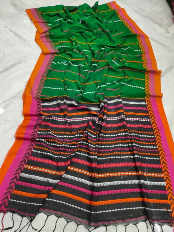 Green With Pink Orange Stripe Pattern Handwoven Cotton Saree