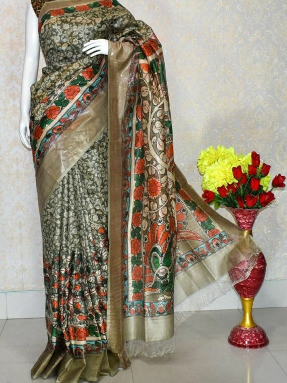 Grey Offwhite Floral Design Tussar Muga Digital Print Linen Saree