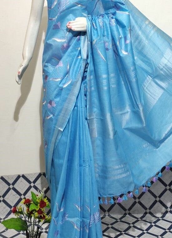 Humble Blue Floral Embroidery Linen Saree