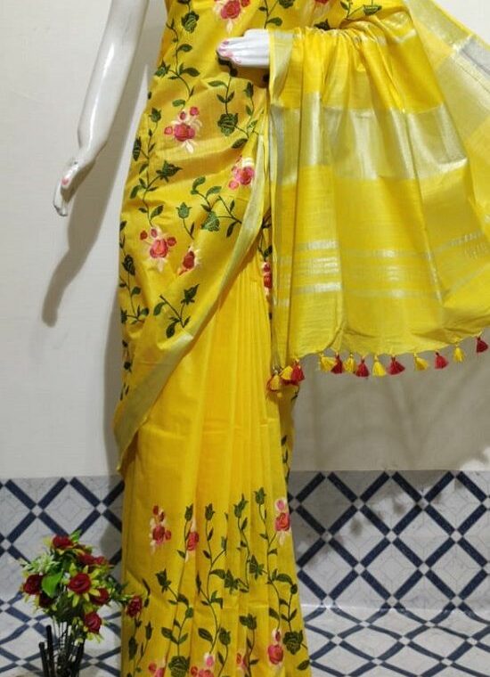 Intense Yellow Aura Floral Embroidery Linen Saree