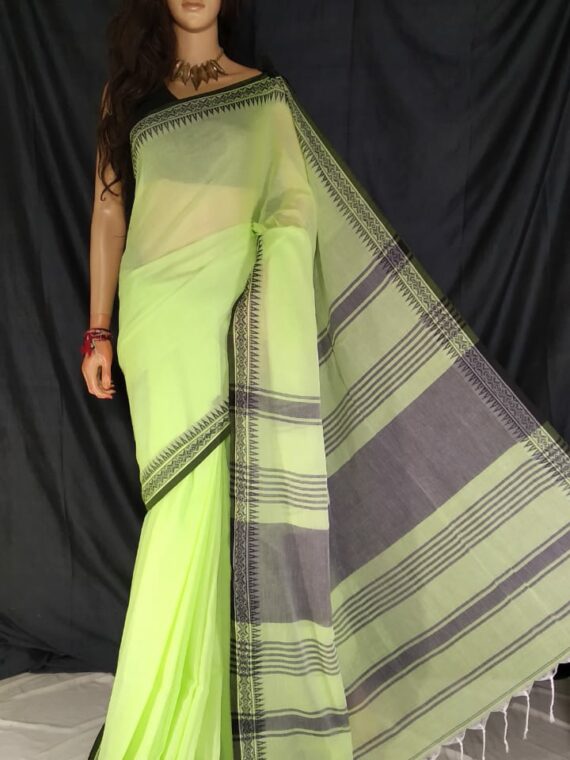 Lemon Green Pure Cotton Small Temple Border Handwoven Saree