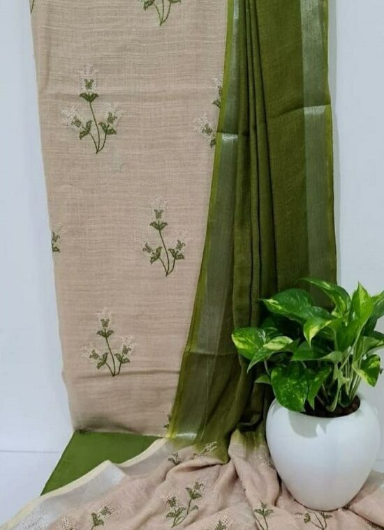 Light Cream Mehendi Green Blend Cotton Embroidery Work Dress Material With Plain Bottom