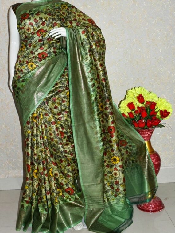 Light Green Floral Design Tussar Muga Digital Print Linen Saree