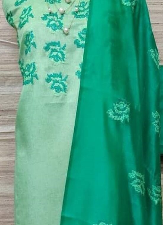 Light Green Katan Silk Embroidery Dress Material With Plain Bottom