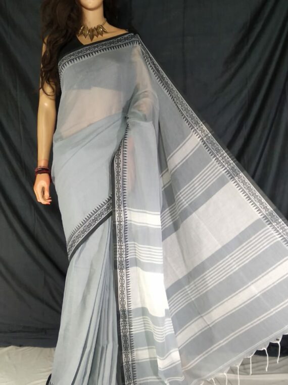 Light Grey Pure Cotton Small Temple Border Handwoven Saree