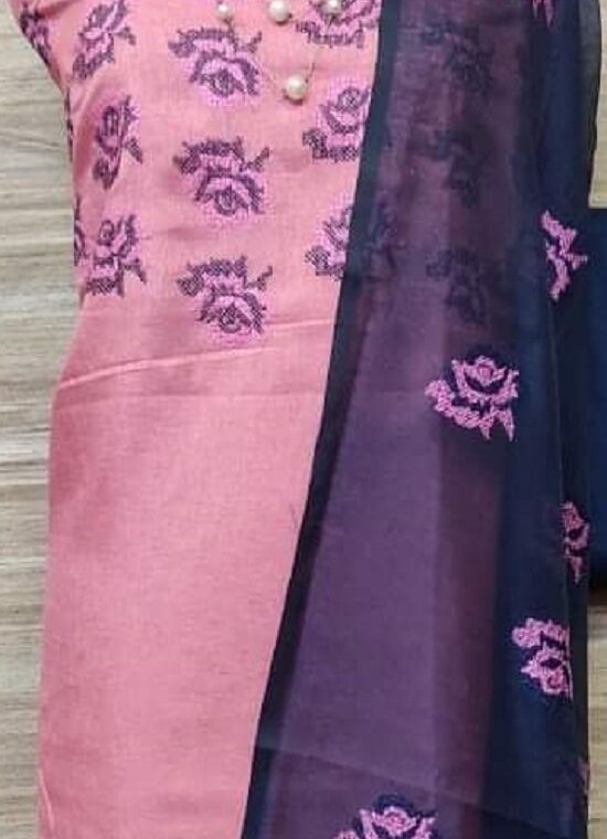 Lovely Peach Pink Katan Silk Embroidery Dress Material With Plain Blue Bottom