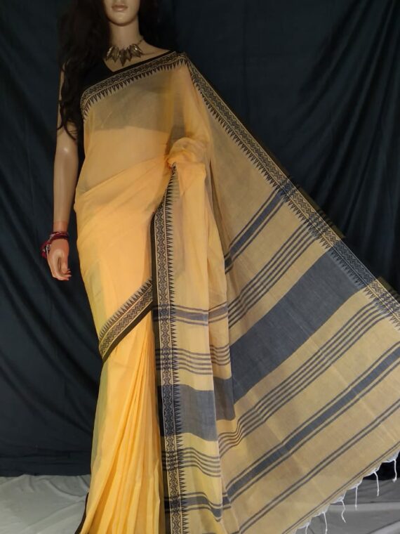 Mango Yellow Pure Cotton Small Temple Border Handwoven Saree