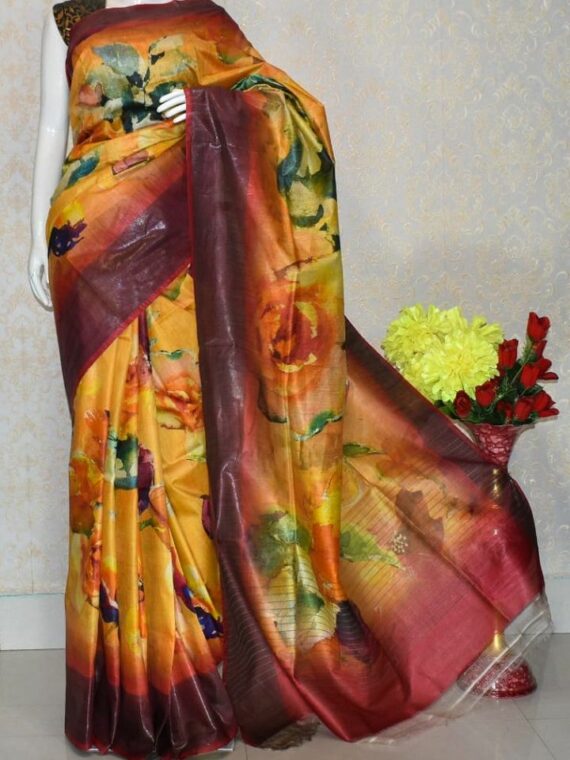 Maroon Yellow Blend Floral Design Tussar Muga Digital Print Linen Saree