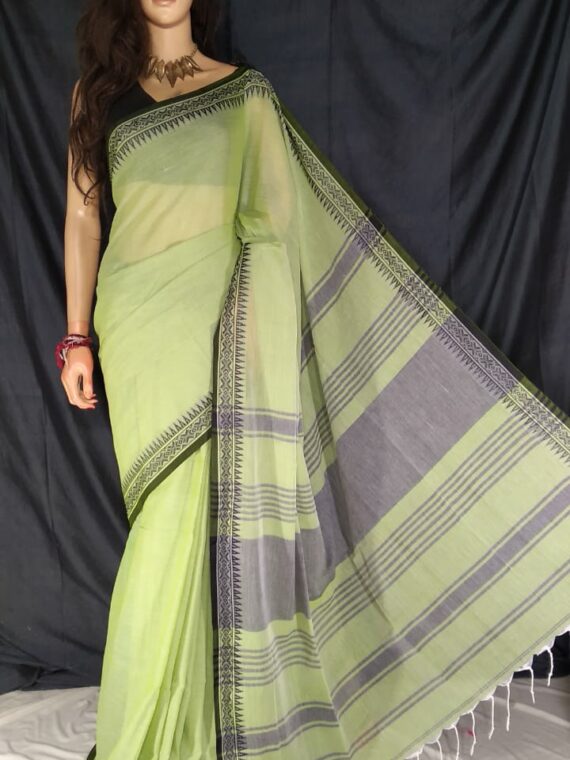 Mehendi Green Pure Cotton Small Temple Border Handwoven Saree