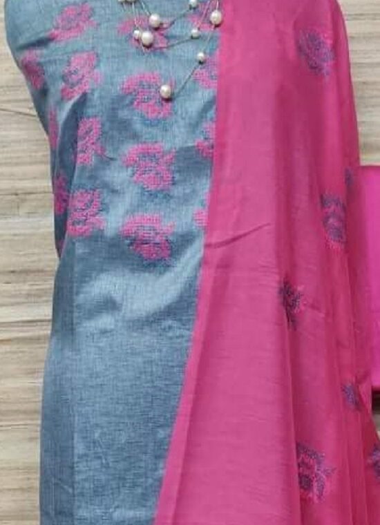 Mesmerizing Katan Silk Embroidery Dress Material With Plain Pink Bottom