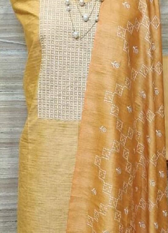 Mesmerizing Mango Yellow Cotton Silk Embroidery Dress Material With Plain Bottom