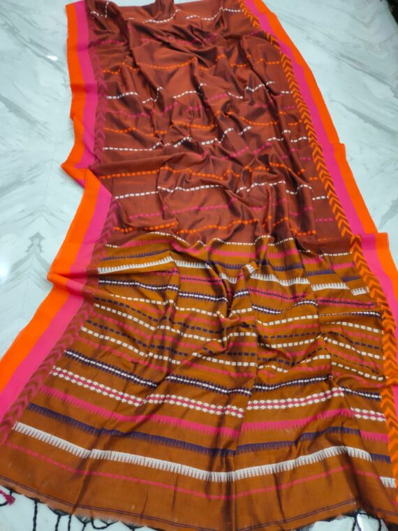 Mustard Brown Pink Orange Stripe Pattern Handwoven Cotton Saree