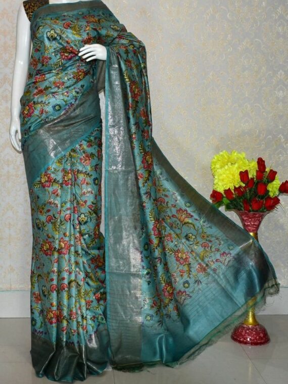 Ocean Blue Floral Design Tussar Muga Digital Print Linen Saree