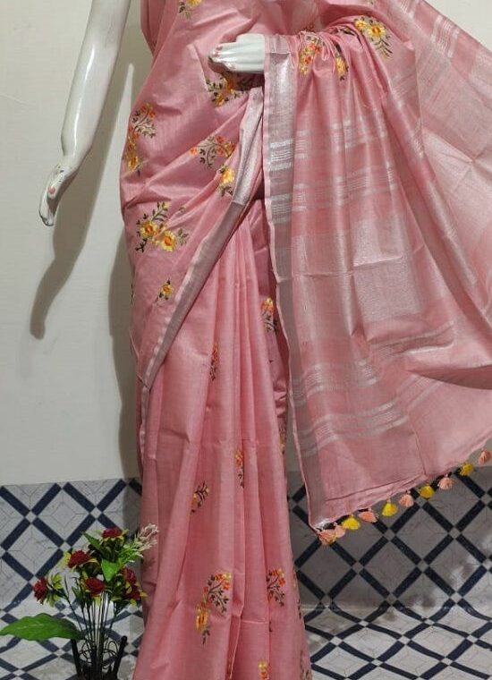 Peaceful Peach Pink Floral Embroidery Linen Saree