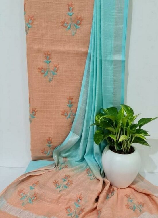 Peach Blue Blend Cotton Embroidery Work Dress Material With Plain Bottom