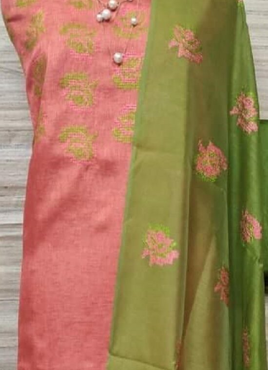 Peach Pink Katan Silk Embroidery Dress Material With Plain Green Bottom