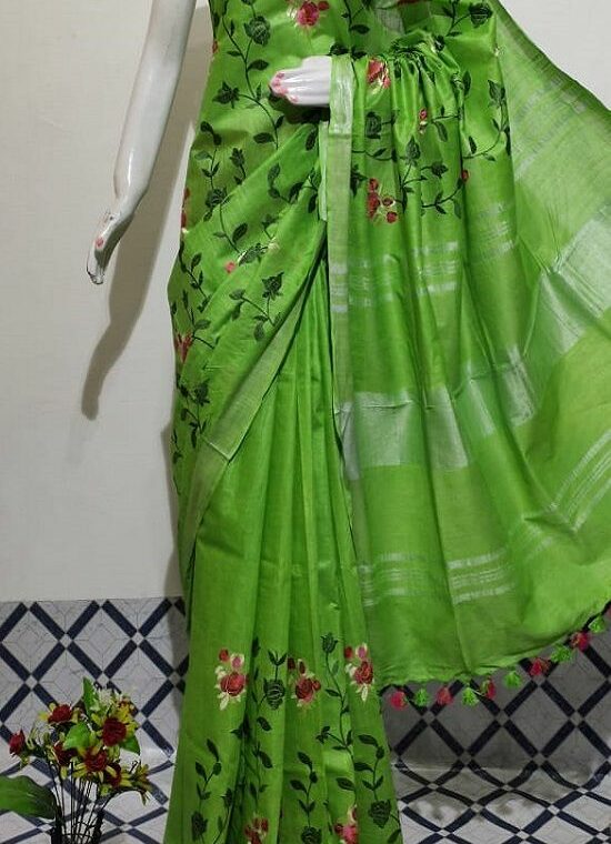 Pleasant Green Floral Embroidery Linen Saree