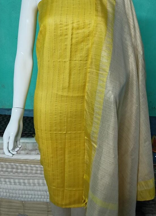 Pleasant Yellow Katan Silk Woven Dress Material With Cotton Bottom Dupatta