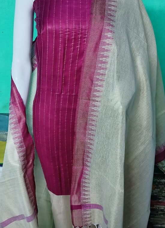 Pretty Dark Pink Stripe Weave Katan Silk Dress Material With Cotton Bottom Dupatta