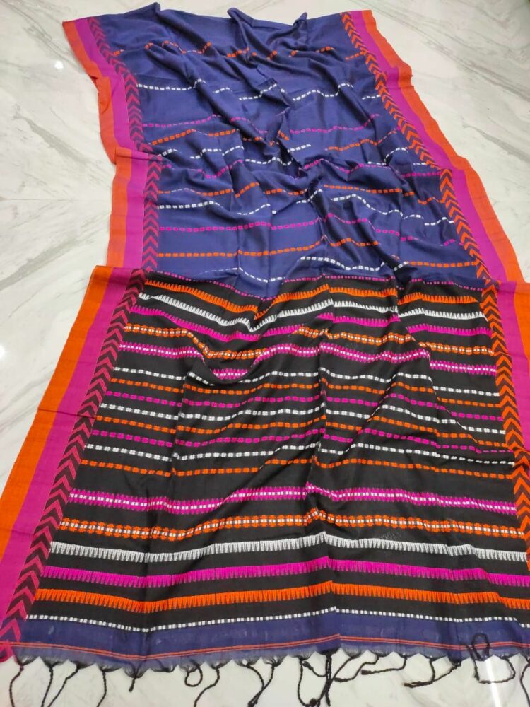 Purple Blue With Pink Orange Stripe Pattern Handwoven Cotton Saree