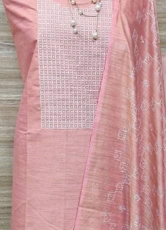 Ravishing Pink Cotton Silk Embroidery Dress Material With Plain Bottom