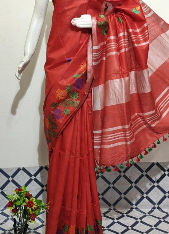 Ravishing Red Floral Embroidery Linen Saree