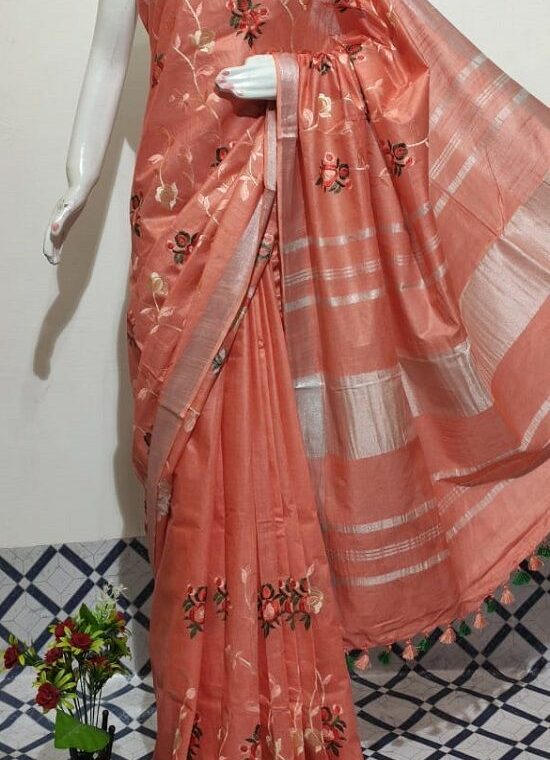 Rejuvenating Peach Shade Floral Embroidery Linen Saree