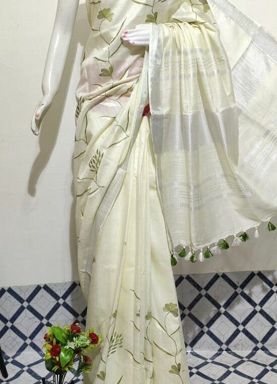 Rich Offwhite Green Blend Floral Embroidery Linen Saree