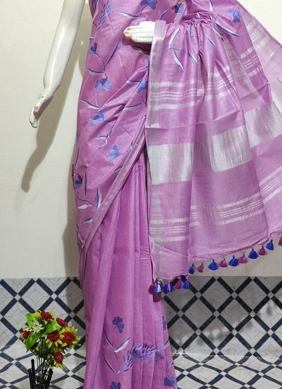 Royal Purple Floral Embroidery Linen Saree