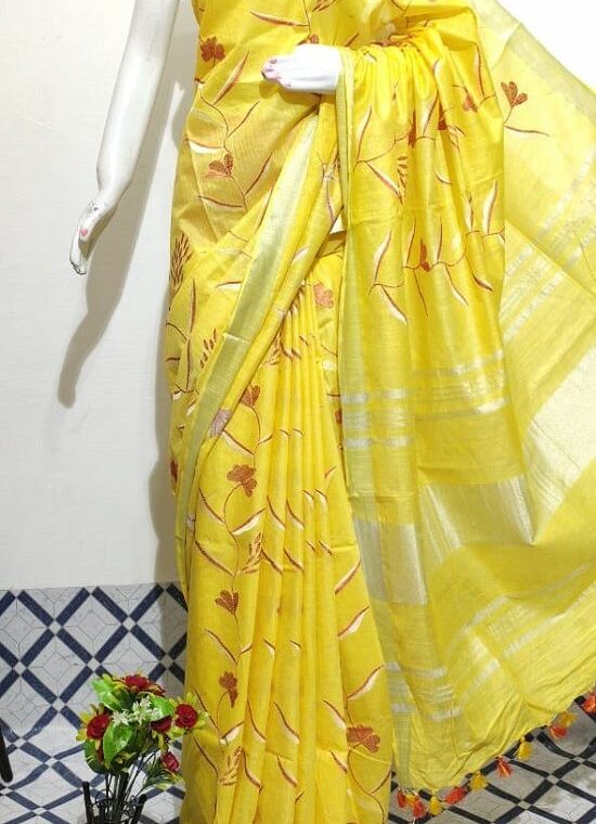 Spiritual Yellow Floral Embroidery Linen Saree